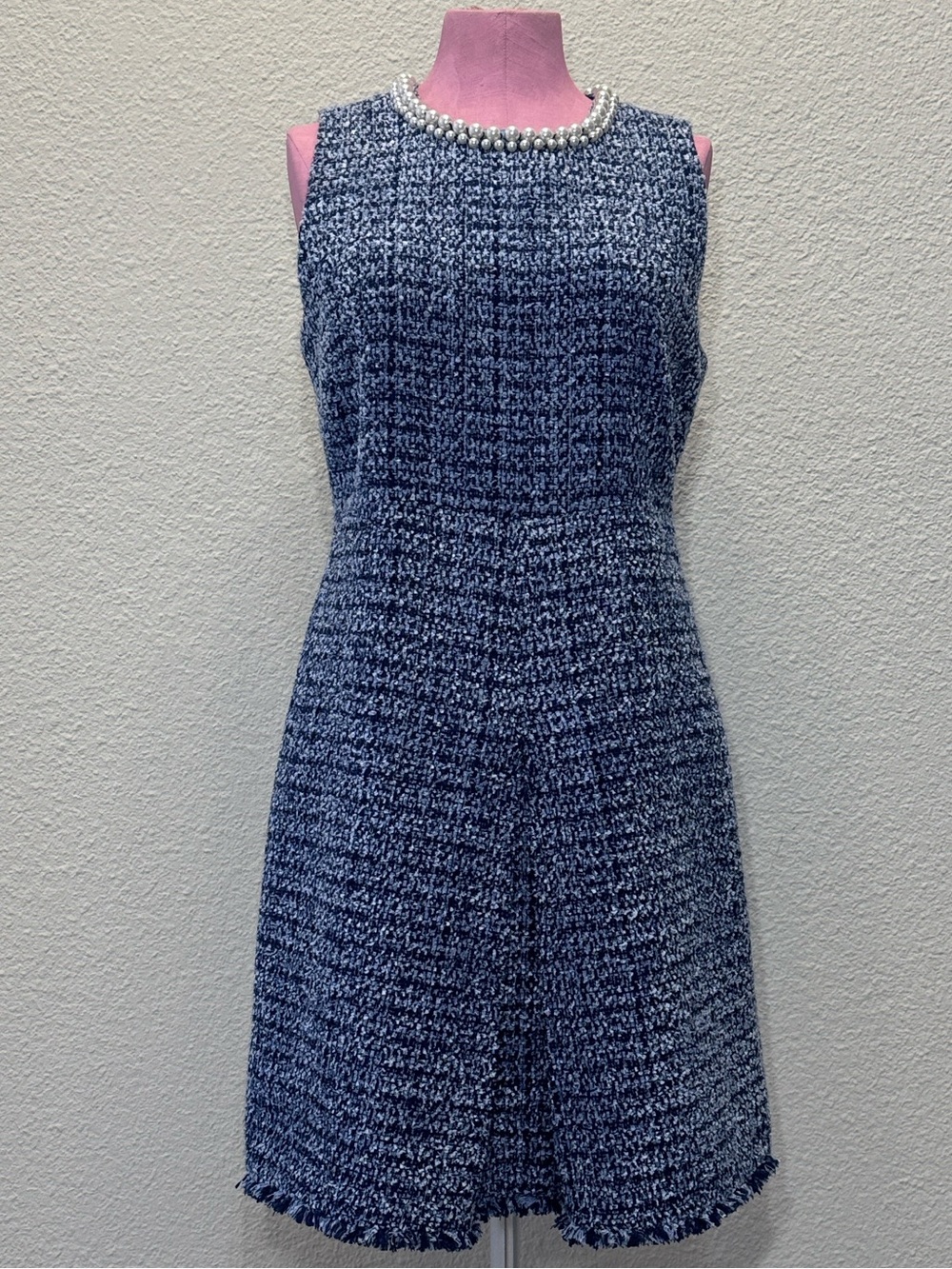Blue Tweed Pearl Neck Dress Fringe Hem Fit & Flare Size 6 Chic